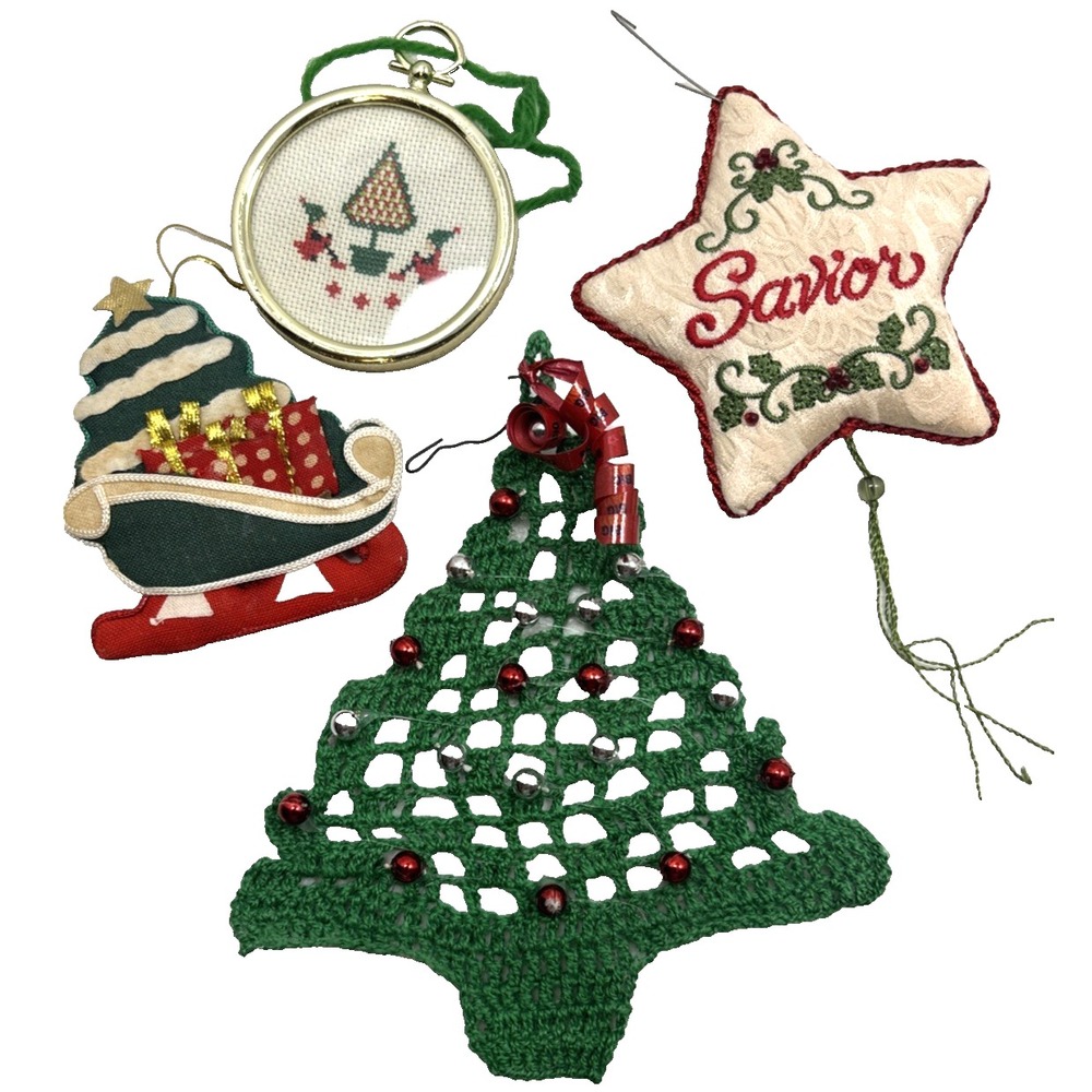 Vintage Lot Of 4 Homemade Christmas Ornaments Tree Star Sled Elves Crochet 1970s